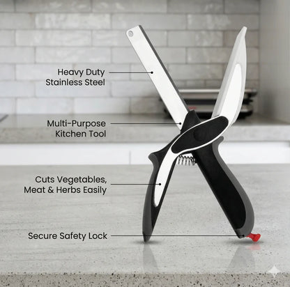 2-in-1 Clever Cutter Scissors with Built-in Chopping Board | Stainless Steel & Safety Lock